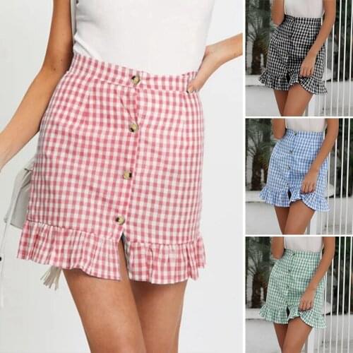 Womens Casual High Waist Plaid Mini Skirt Ruffle A-Line Skirt