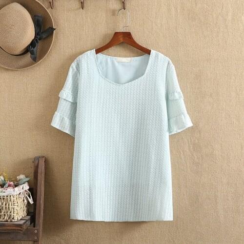 Plus Size Shirt For Women 4XL Cotton Fabric Round Collar Short Sleeves Flounces Cuff Extra Large Size Summer Clothes For Fatlady