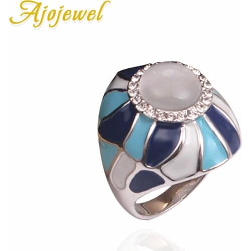 Size 8-9 Opal Stone Large Womens Rings Jewelry Blue Enamel Cocktail Ring With Big Stone Bague Bijoux
