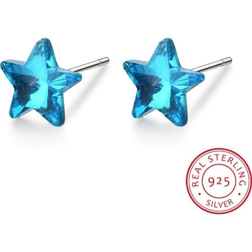 Real 100% 925 Sterling Silver Blue Crystal Star Earrings for Women Fashion Silver Star Brincos de Prata
