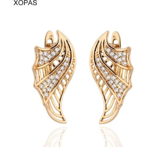 Personality Party Left and Right Symmetry Drop Earrings Gold-color Shiny Cubic Zirconia Wings Hollow out Earrings For women