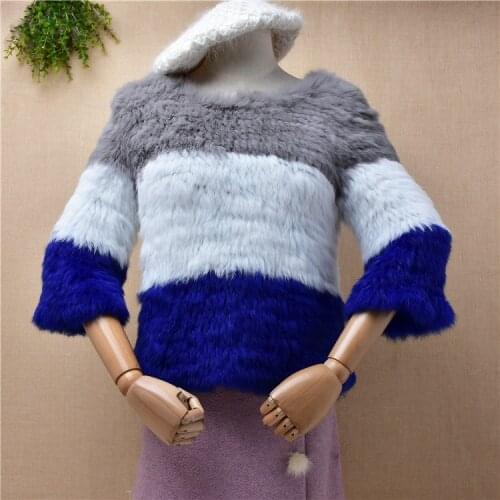 Female women hairy fuzzy 100% mink cashmere hand knitted three quarter sleeves o-neck slim blouses pullover jumper sweater pull