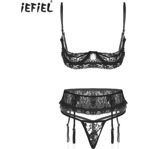 Womens Three-Piece Lingerie Suit Underwear See-Through Lace Underwired Open Cup Half Bra with G-String Garter Belts Exotic Sets