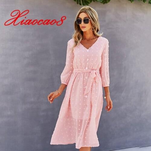 Summer womens dress 2021 solid sashes v neck dresses for women a line button half sleeve casual dress plus size robe femme