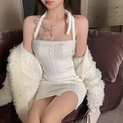 Sexy halter neck bottoming knitted dress 2021 spring womens sexy slim fit package hip knitwear dresses