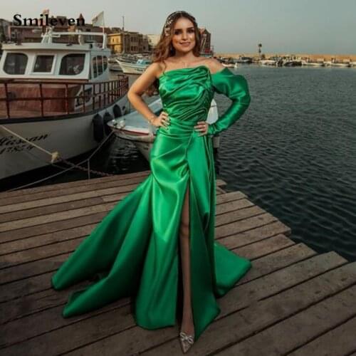 Smileven One Shouldr Green Evening Dress Long Sleeve Mermaid Long High Side Split Prom Dresses New Arrival Celebrity Dresses