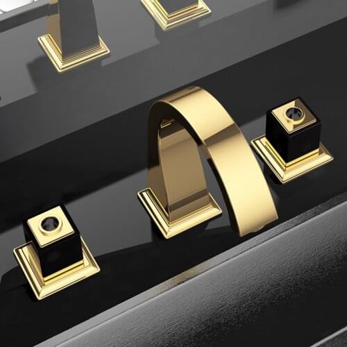 GOLD PVD 8 inch 3 Holes widespread bathroom Lavatory Sink faucet mixer tap deck mounted Luxury tap square design Crystal handles
