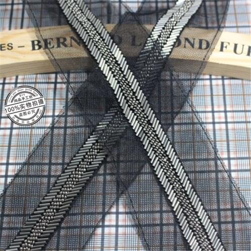 2Yards 16mm Handmade Silver Beaded Sewing Lace Trims Mesh Ribbon Applique For Wedding Dress Decor Craft Black