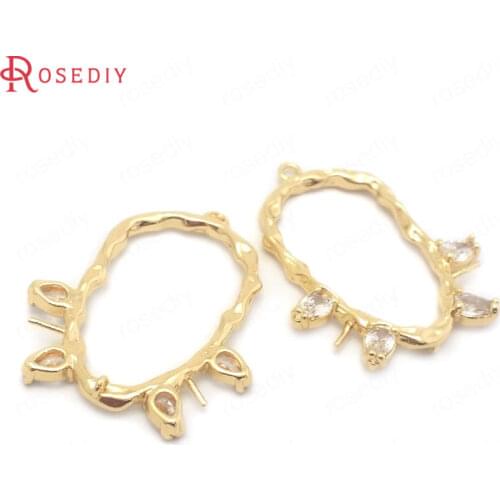 38458-G)4PCS 25.5x31.5MM 24K Gold Color Brass and Zircon Drop Shape Earrings Connector Charms Pendants Jewelry Making Supplies
