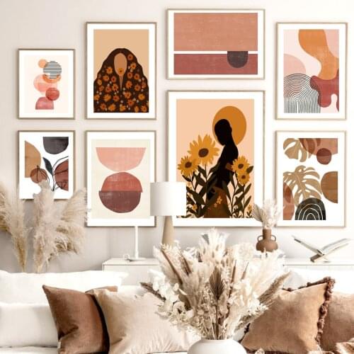 Boho Woman Sunflower Leaf Abstract Block Wall Art Canvas Painting Nordic Posters And Prints Wall Pictures For Living Room Decor