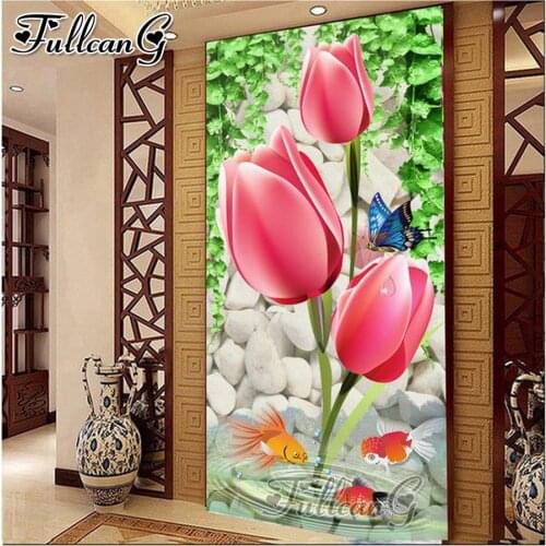 FULLCANG Tulip butterfly flower full square round drill large 5d diamond painting animal diy mosaic embroidery sale decor FC2414