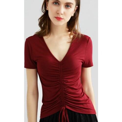 Summer Short Sleeve Women T-shirts Female Korean V-neck Sexy Drawstring Tshirt for Girls Oversized T Shirt 3xl Ladies Tops Tees