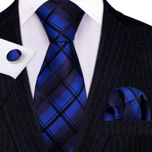 Fashion New Blue Plaid 100% Silk Tie Gifts For Men Gifts Suit Wedding Tie Barry.Wang NeckTies Hanky Sets Business LN-5340
