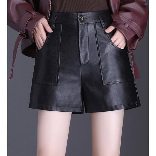 Hot Short Autumn Winter Warm PU Womens Booty Short Straight Beaded Leather Boots Black Sexy Mini Dance Shorts Plus Size M - 4XL