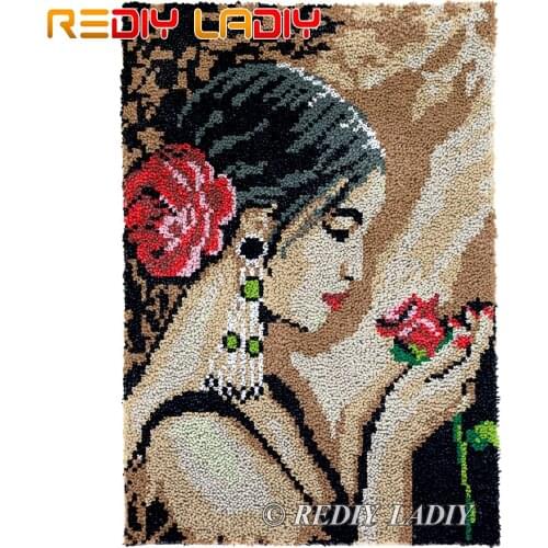 Latch Hook Kits DIY Carpet Rug Girl and Rose Plush Wall Tapestry Kits Crochet Floor Mat Thick Yarn Cushion Arts & Crafts 58*87cm