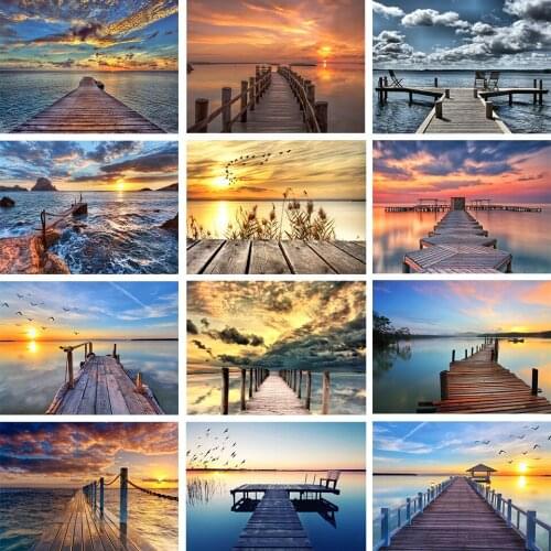 DIY 5D Poured Glue Diamond Painting Kits Scalloped Edge Sunset Landscape Sea View Full Round Drill Decoration Embroidery Gift