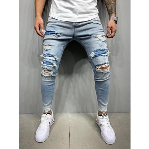 Premium Patched Ice Blue Slim Fit Mens Jeans