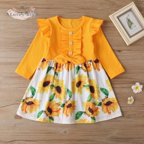 2020 Autumn Baby Girl Dress Toddler Ruffle Long Sleeve Sweet Cute Sunflower Floral Print Yellow Mini Dresses