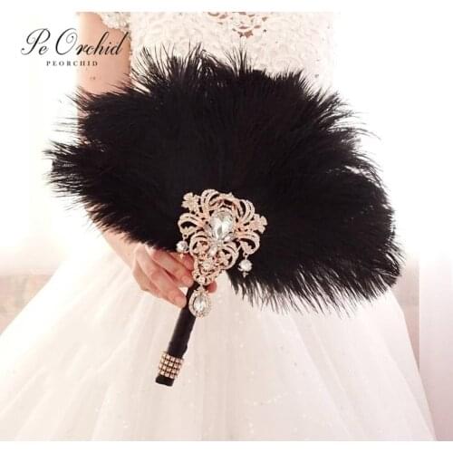 PEORCHID Feather Fan Black Brooch Bridal Bouquet Costume Party Bridesmaids Hand Bouquet Great Gatsby Wedding Accessories