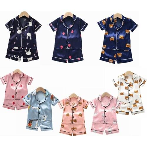 Infant Baby Satin Pajamas Set Toddler Summer Short Sleeve Button Down Top Pants Nightwear Girl Boys Pjs Sleepwear Tops Pants Set