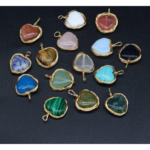 Natural Gem Stone Crystal Agates Charms Heart-shaped Copper Wire Winding Pendant for Jewelry Making DIY Necklace Earring Gift