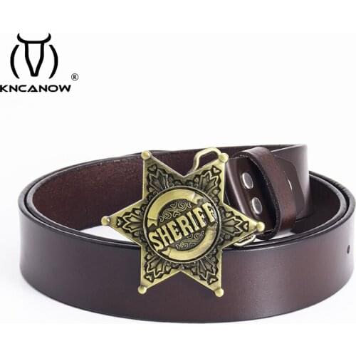 Mens Classic Fashion Punk Police Belt Leather 90cmTo130cm Fine Retro Zinc Alloy Sheriff Star Cowboy Jeans Gift Waistbands Strap