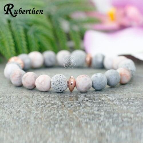 Ruberthen New Design Women`s Yoga Mala Bracelet Natural Gem Stone Energy Wrist Bracelet Vintage Gray Lava Stone Handmade Jewelry
