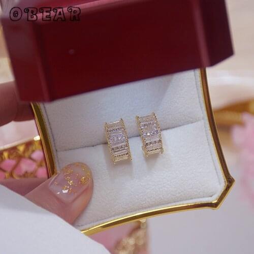 OBEAR 14k Real Gold Korean Style Micro-Inlaid CZ C-Shaped Earrings Women Elegant Simple Engagement Wedding Jewelry Gifts
