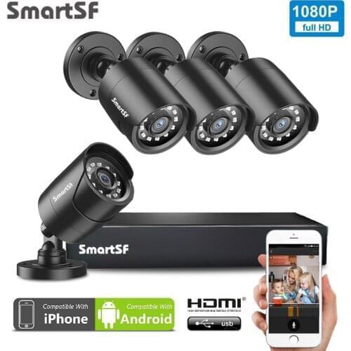 SmartSF AHD Outdoor CCTV Camera System 1080P security Camera DVR Kit 2MP Security System Camera IR Night Vision CCTV kit IR-cut