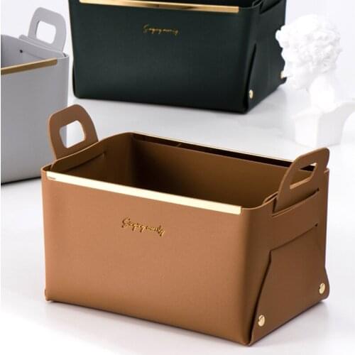 Storage Bag Nordic Style Metal Rim Leather Storage Basket Skin Care Cosmetics Pink Sundries Basket Rectangle Home Storage Basket