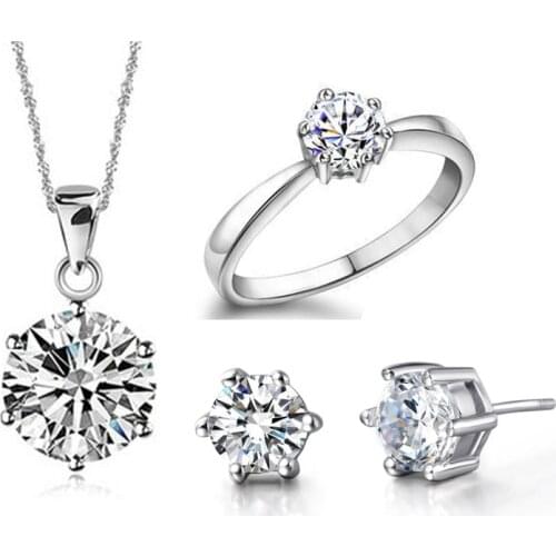 Wedding Fine Jewelry Sets Pure 925 Sterling Silver 6 Claw Cubic Zircon CZ Pendant Necklaces Earring Rings Engagement Sets