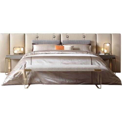 Light luxury leather art double bed modern simple bedroom wedding bed cloth art solid wood wide screen big bed