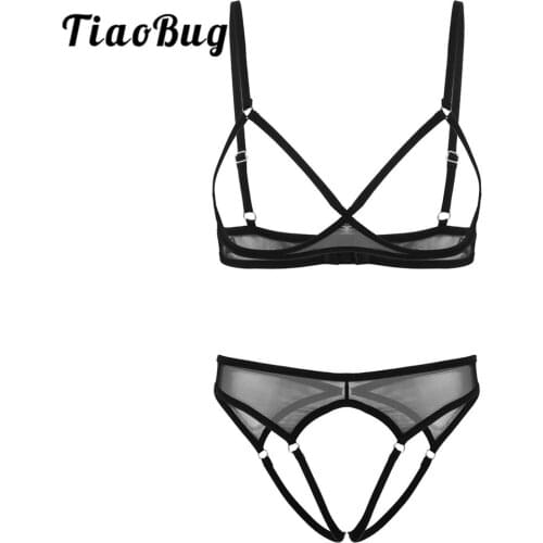 Womens See Through Sheer Mesh Hot Sexy Lingerie Set Open Cups Bra with Crotchless Briefs Transparent Erotic Underwear Nightwear