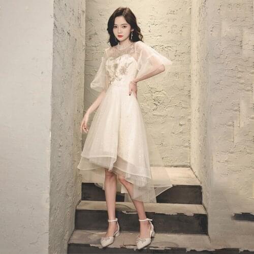 Champagne High Neck Evening Dress Sequins Appliques New Short Sleeves A-Line Tea-Length Elegant Woman Formal Party Gowns A1449