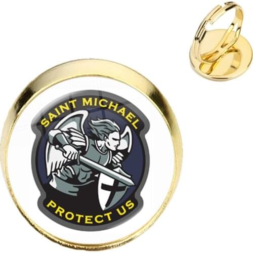 1pcs 16mm Glass Cabochon Rings Archangel St.Michael Protect Me Saint Shield Protection Charm Russian Orhodox Jewelry For Kids