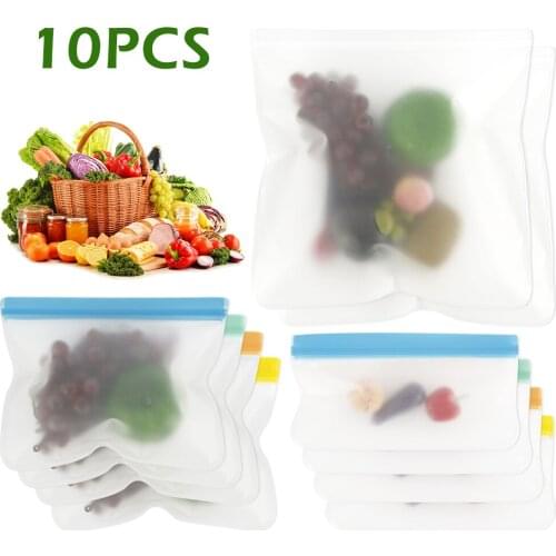 10pcs Food Storage PEVA Containers Set Stand Up Fresh Bags Zip Silicone Reusable Lunch Fruit Leakproof Cup Freezer Vegetable Bag