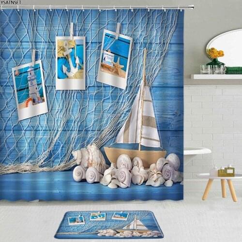 2Pcs Seascape Beach Shell Shower Curtain Starfish Blue Wooden Board Fabric Hanging Curtains Decor Non-Slip Bath Mat Bathroom Set