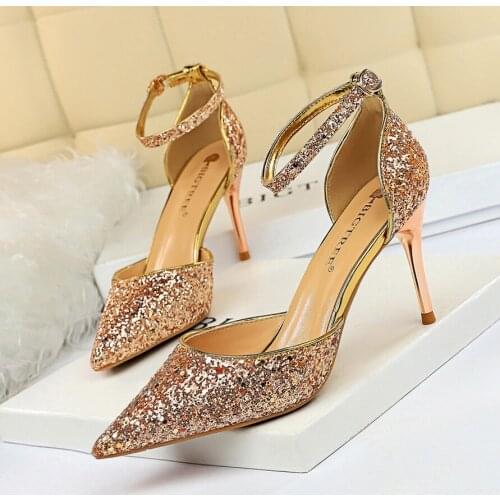 2020 Spring Women Pumps High Thin Heels T-Strap Pointed Toe Sexy Bling Bridal Wedding Party Shoes Gold Silver Heels Plus Size 43