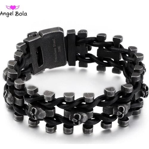 Stainless Steel & Leather Skull Man Buddha Bracelet Male Jewelry Dropshipping Man Gift With Logo