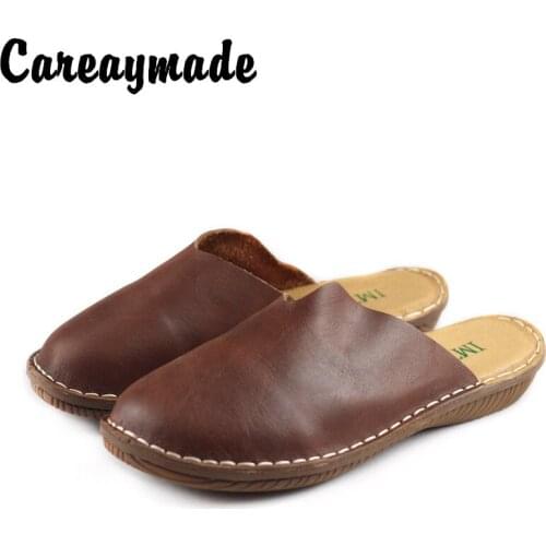 Careaymade-Genuine leather retro slippers,womens flat bottomed sandals,hand-made real leather shoes,casual leather slippers