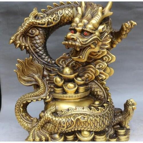 Pure Bronze Fengshui Zodiac Year Dragon Loong Treasure Bowl Yuanbao Coin Statue