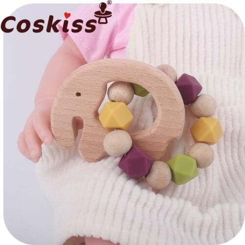 Coskiss New Style Wood Elephant Teether Hexagon Silicone Teething Beads Infant Beech Teether Bracelet Baby Molar Bath Gift