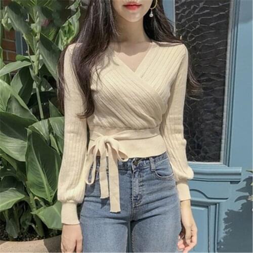 2020 Women Slim Bow Tie Winter Knitted Sweater V-Neck Crop Sexy Sweaters and Pullovers Lantern Sleeve All-Match Black PZ3038