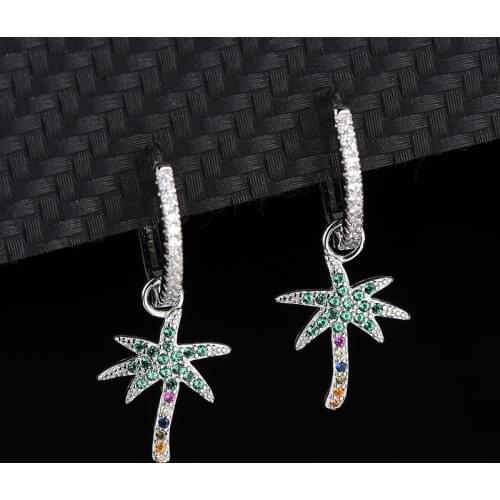 European And American Summer Personality Long Coconut Tree Earrings Tassel S925 Sterling Silver Colorful Diamond Stud Female