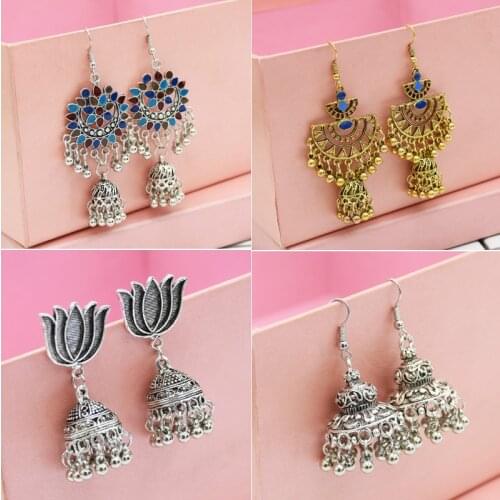 India Jhumka Tribal Silver-color Gold Earrings Nepal Ancient Flower Fan Long Statement Drop Earrings Middle East Afghan jewelry