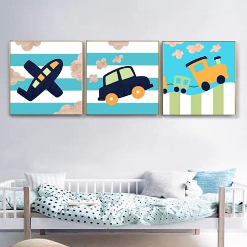 Canvas Painting Nordic Fresh Cartoon Blue Airplane Car Train Print and Posters Wall Art Picture Kids Boys Bedroom Decoration