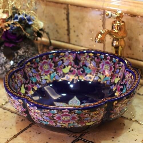 Europe Vintage Style Art Porcelain Countertop Basin Sink Handmade Ceramic Bathroom Vessel Sinks Vanities ceramic wash sink