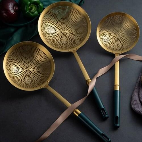 3-Size Stainless Steel Colander Spoon Gold Round Filter Frying Oil Leaking Hot Pot Noodle Mesh Drain Scoop Cookware Kitchen Tool