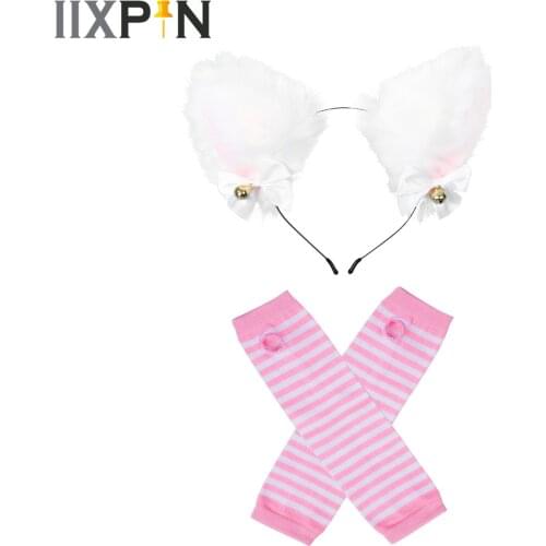 Masquerade Halloween Cat Ears Anime Cosplay Cat Ear Party Costume Bow Tie Bell Headwear Headband Long Arm Fingerless Gloves