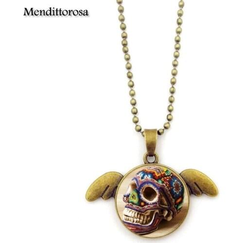 Mendittorosa Brand Jewelry Bronze Angel Wings Necklace Glass Dome For Child Skull
